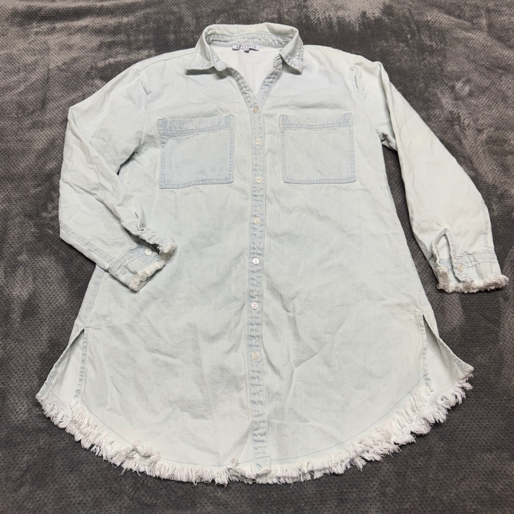 Collection by Cezele Light Wash Denim Fringe Hem Button Down Shirt Dress M